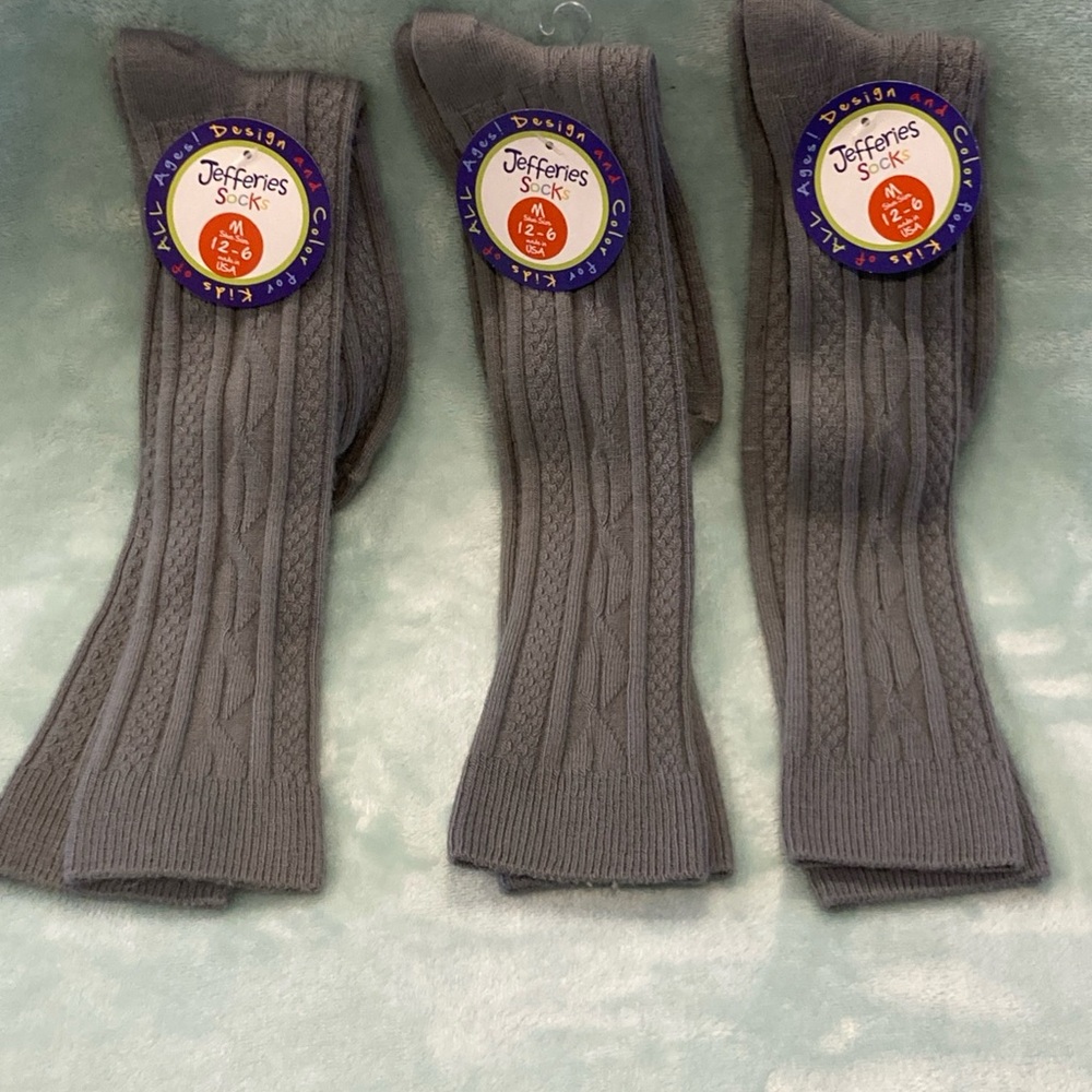 NWT 3 Pair Jefferies Gray Socks Girl Cable Knit Knee High School Girl Long Socks